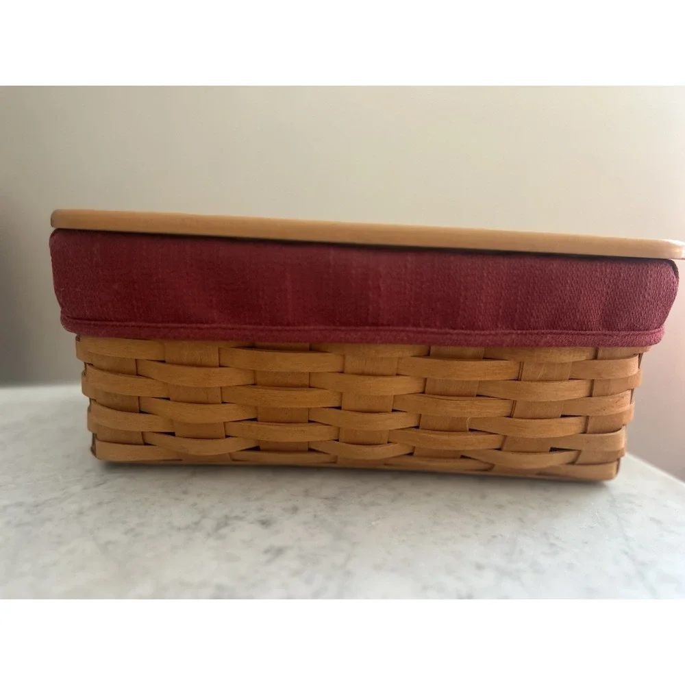 Longaberger 2000 Woven Long Tissue Box Basket with Wooden Lid, Liner & Skirt